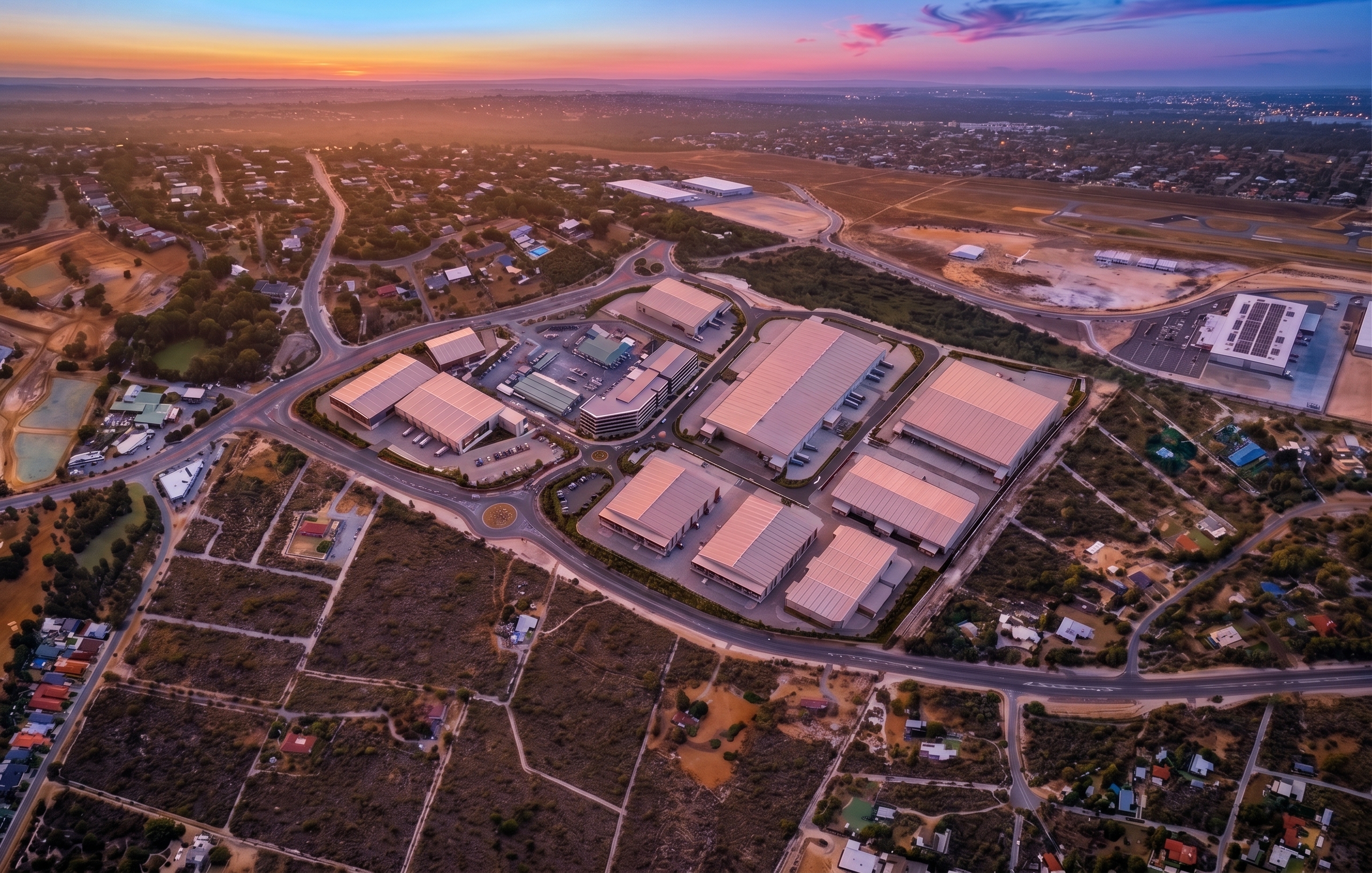Twilight render of the South Connect estate with warehouse lighting on
