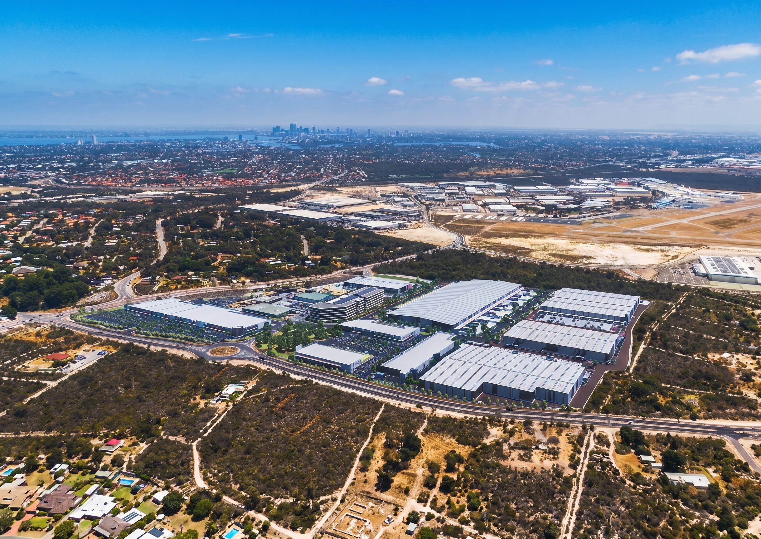 Aerial render looking north from the estate toward the Perth CBD skyline