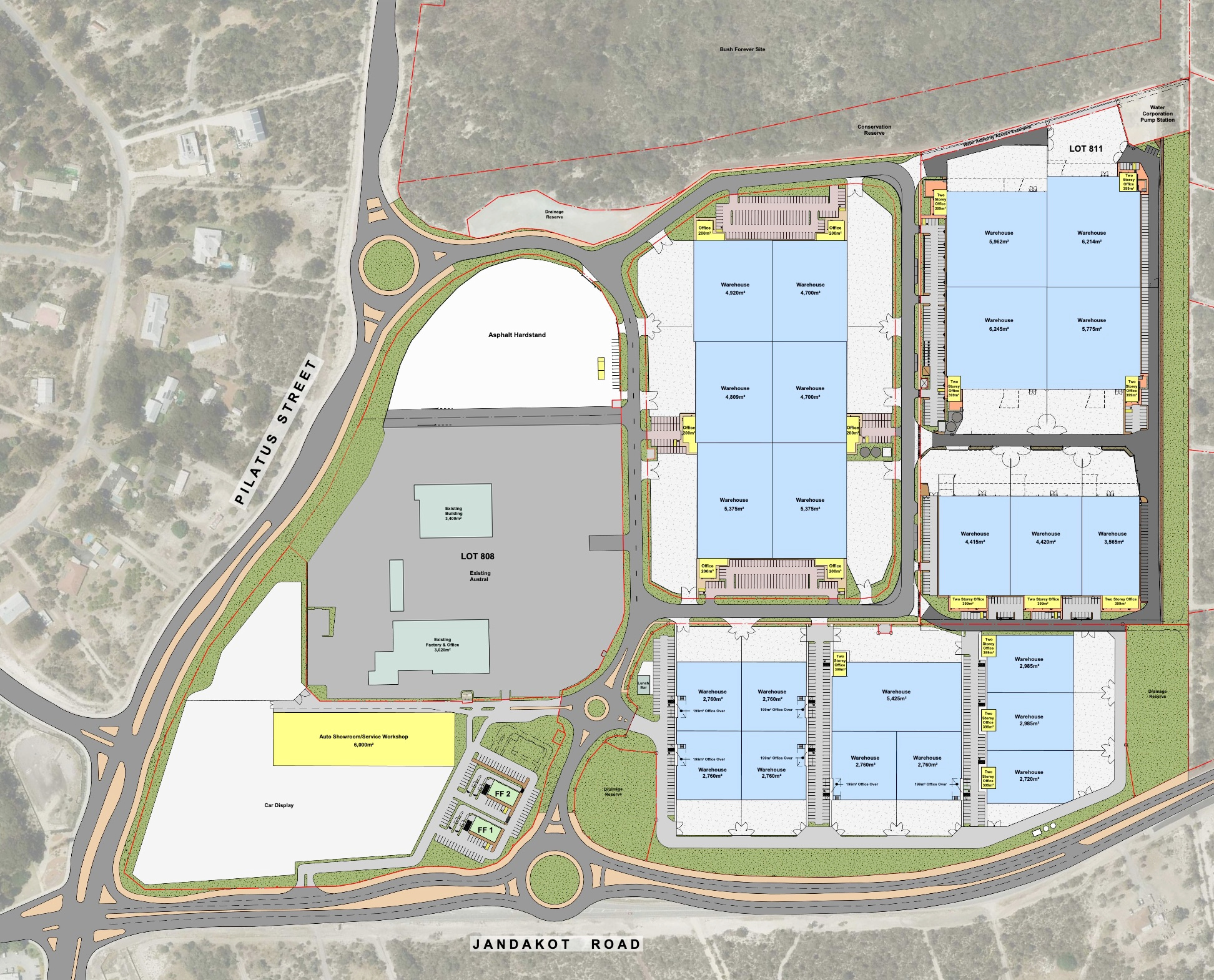 South Connect Jandakot estate master plan drawing showing all lots, warehouse buildings, hardstand areas and road network
