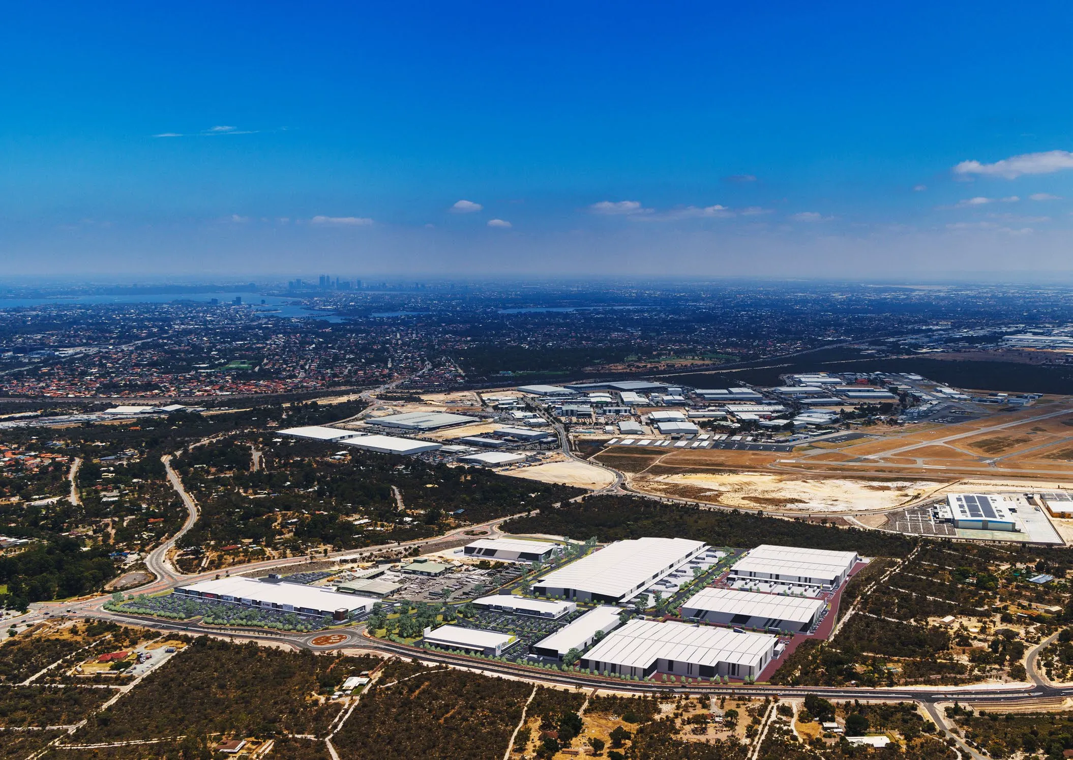 South Connect Jandakot: aerial view of the estate with Perth CBD on the horizon