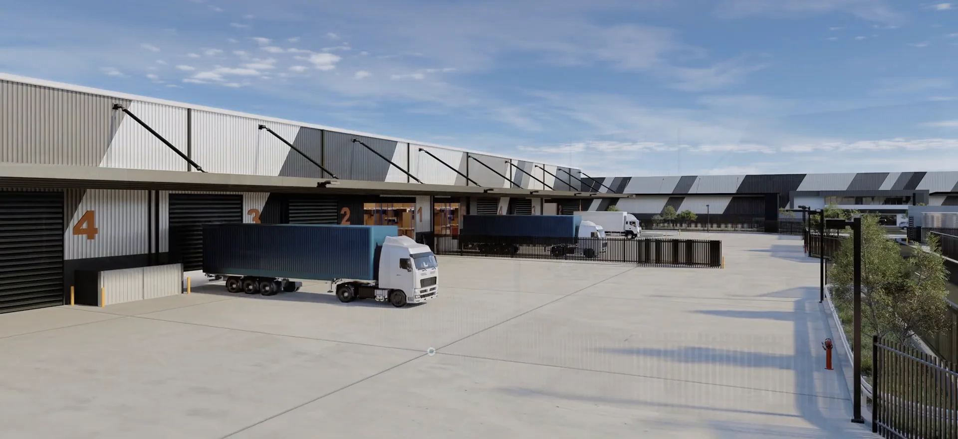 Loading dock bay with sawtooth solar roof and truck pulling in