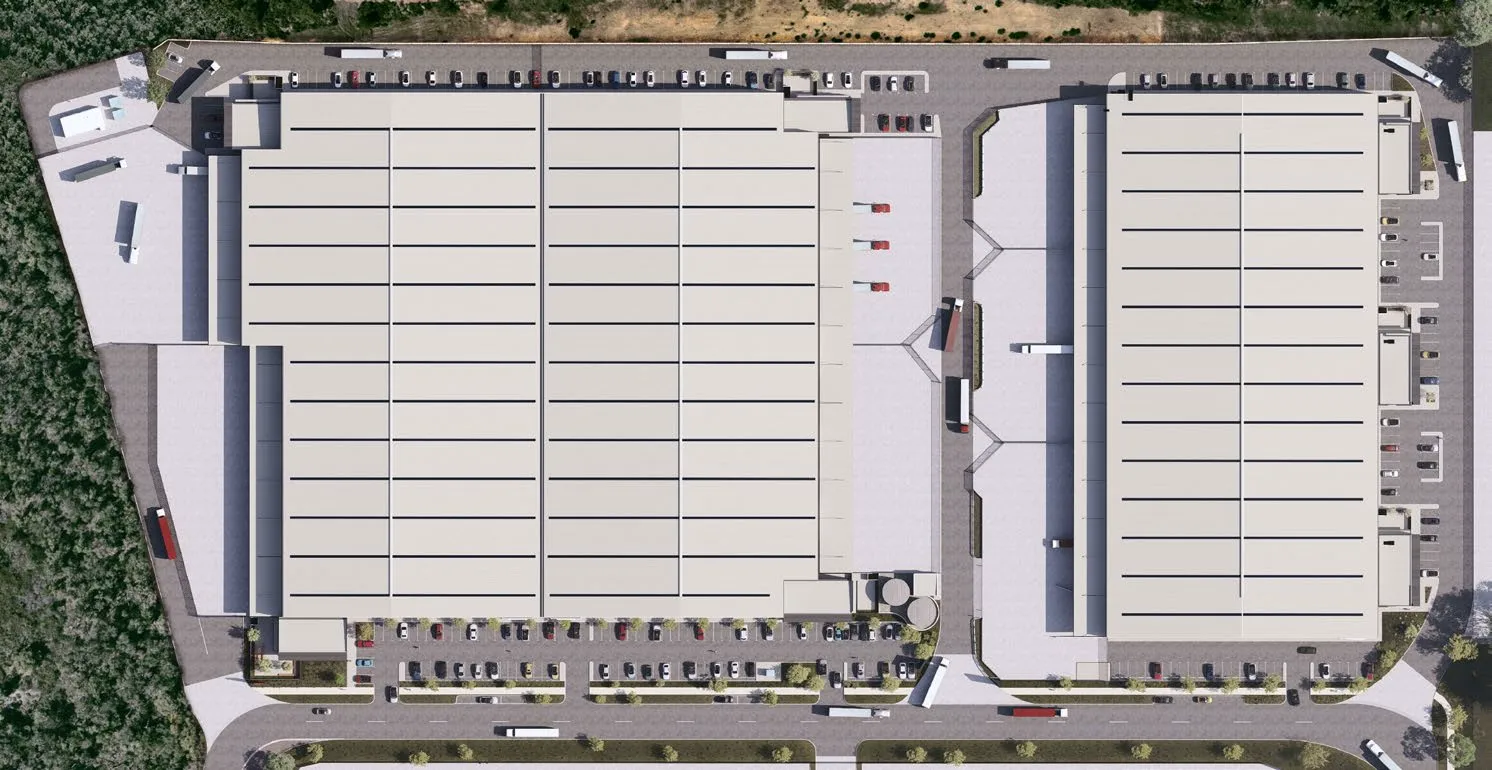 Top-down render of South Connect Building 1 showing dock orientation, hardstand depth, and car parking